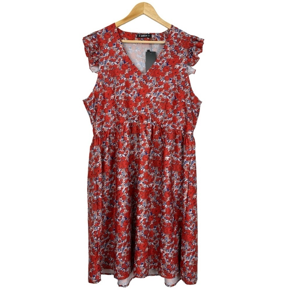 NWT Sheilay Red Micro Floral Flutter Sleeve Babydoll Dress XXL Cottagecore